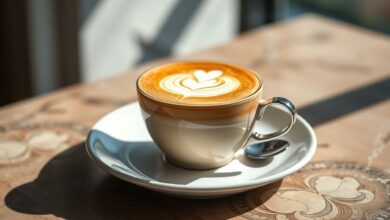 Cappuccino sem açúcar pronto em xícara, com espuma cremosa e toque de canela no topo