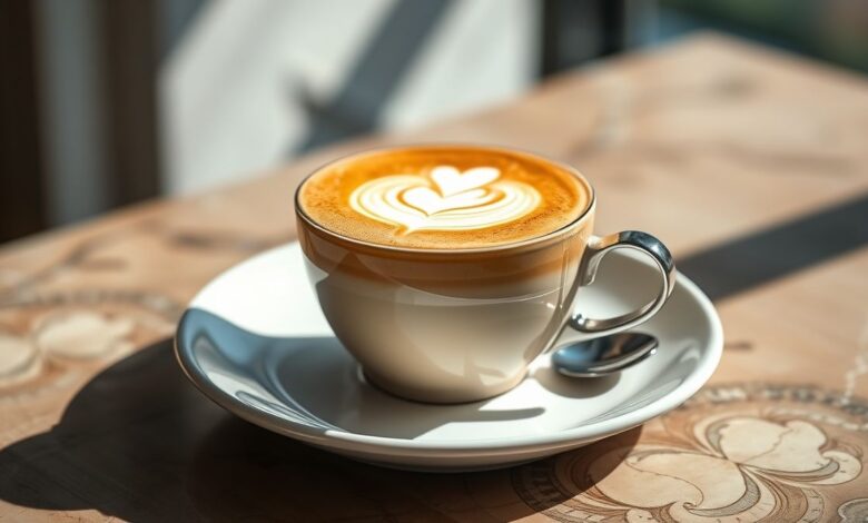 Cappuccino sem açúcar pronto em xícara, com espuma cremosa e toque de canela no topo