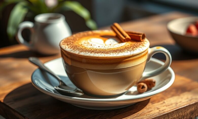 Xícara de cappuccino vegano cremoso com espuma suave e toque de canela polvilhada por cima