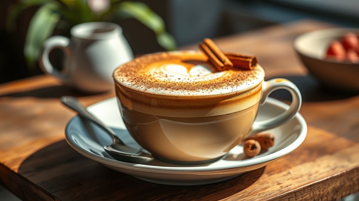 Xícara de cappuccino vegano cremoso com espuma suave e toque de canela polvilhada por cima