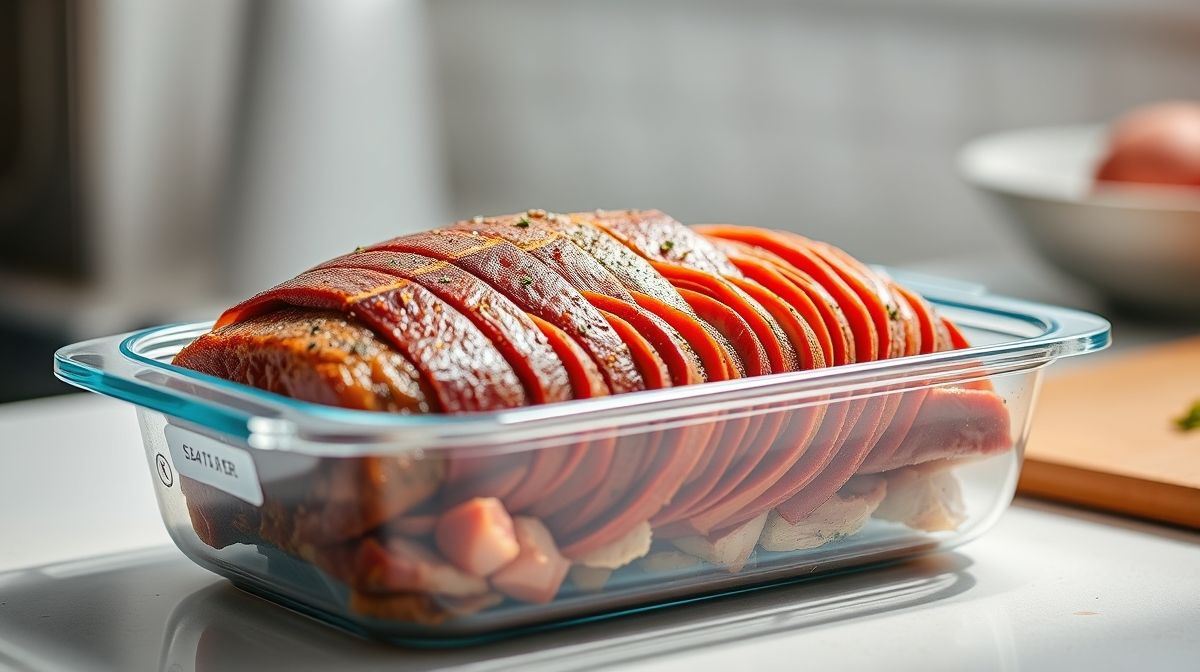 Carne assada fatiada, já fria e organizada em um recipiente de vidro hermético, sobre uma bancada de cozinha, com a etiqueta de data visível.