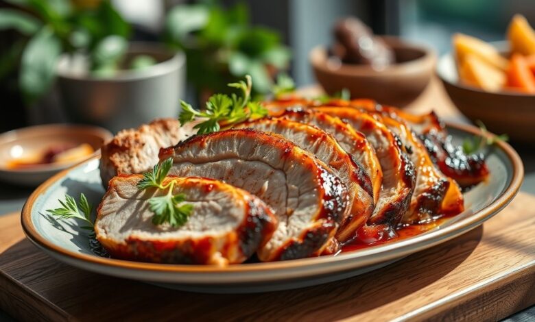 Prato de carne de porco cozida, dourada e suculenta, servida com ervas frescas e acompanhamentos simples