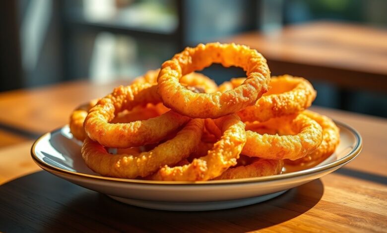 Anéis de cebola dourados e crocantes empanados com cerveja, servidos em uma tigela rústica para petiscar