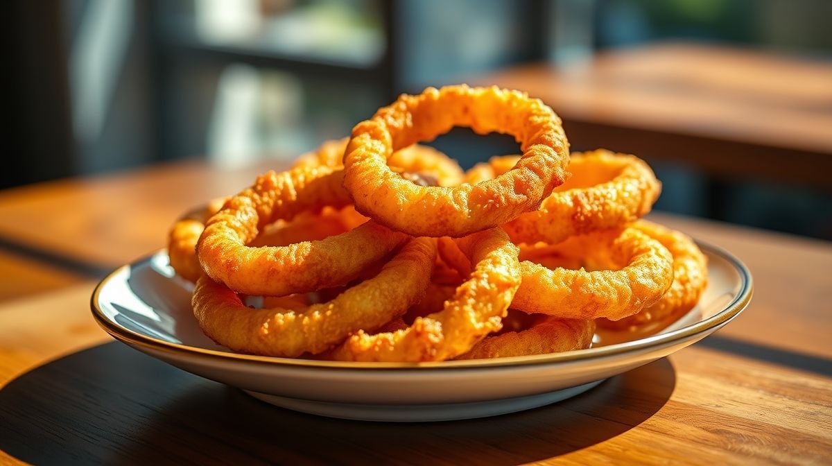 Anéis de cebola dourados e crocantes empanados com cerveja, servidos em uma tigela rústica para petiscar