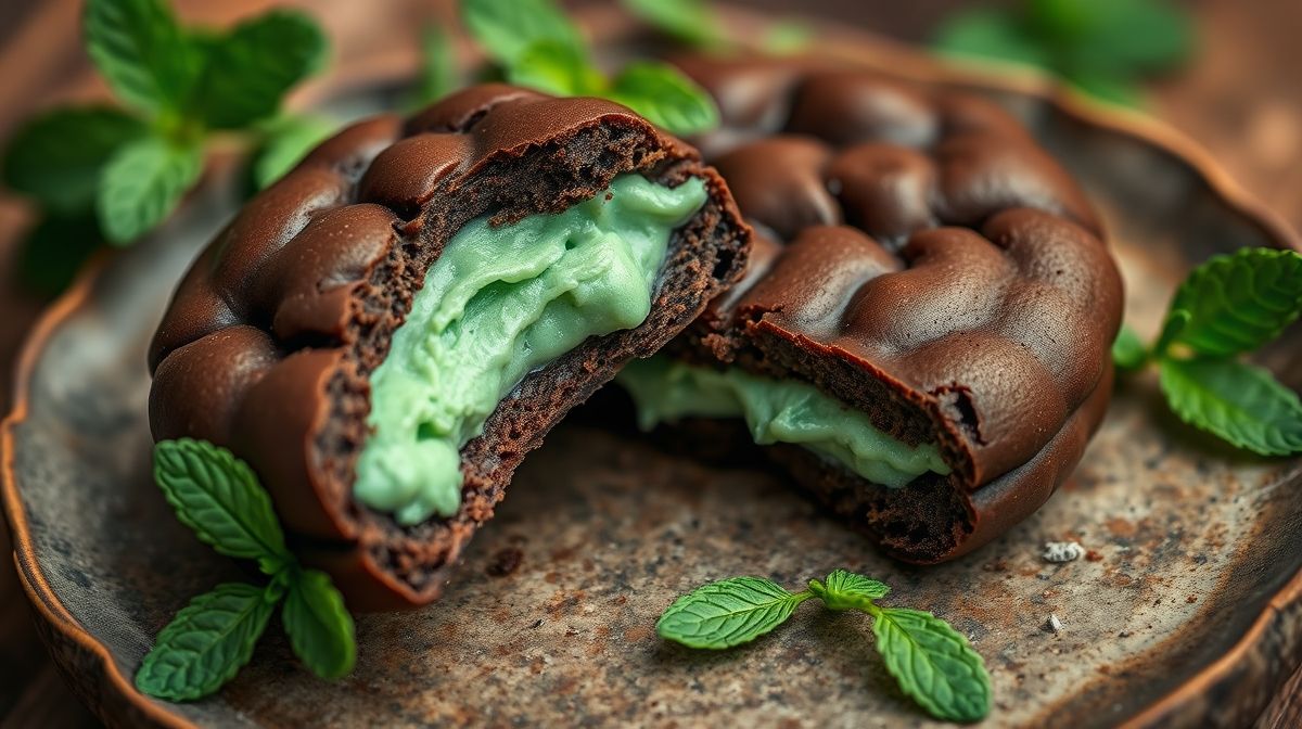 Gros plan sur un cookie au chocolat avec une garniture crémeuse à la menthe, montré cassé en deux pour révéler l'intérieur, sur une assiette rustique décorée de menthe fraîche, style photographie culinaire