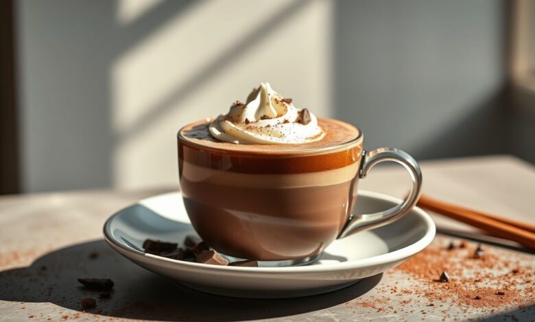 Caneca de chocolate quente fit cremoso, com cacau polvilhado e textura aveludada