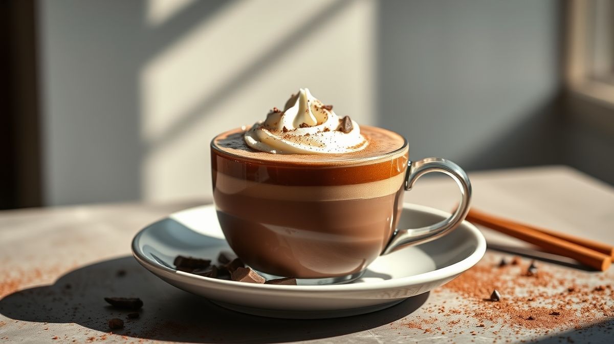 Caneca de chocolate quente fit cremoso, com cacau polvilhado e textura aveludada