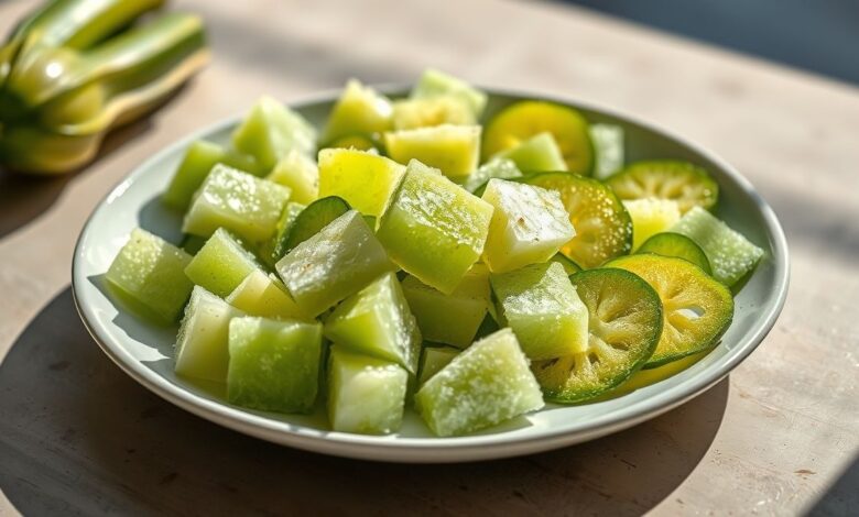 Tigela com cubos e fatias de chuchu já congelados, frescos e bem apresentados