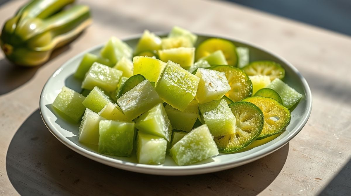 Tigela com cubos e fatias de chuchu já congelados, frescos e bem apresentados