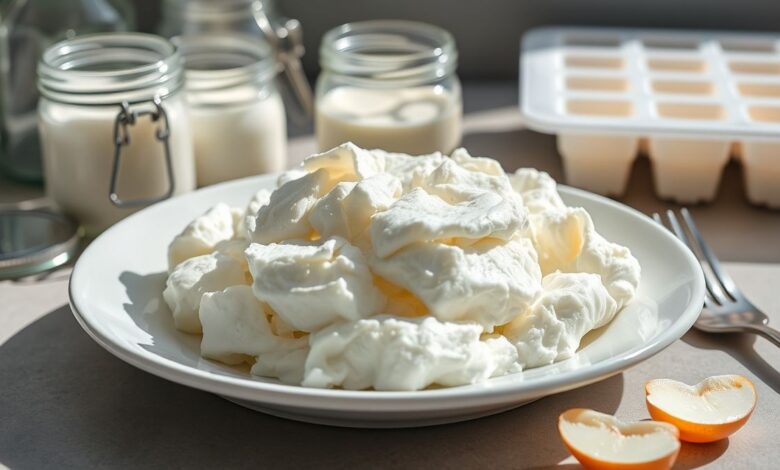 Claras de ovo armazenadas em potes e cubos de gelo, prontas para uso culinário