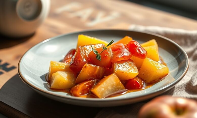 Um pote de vidro com compota de maçã sem açúcar, cremosa e polvilhada com canela, servida em mesa rústica.