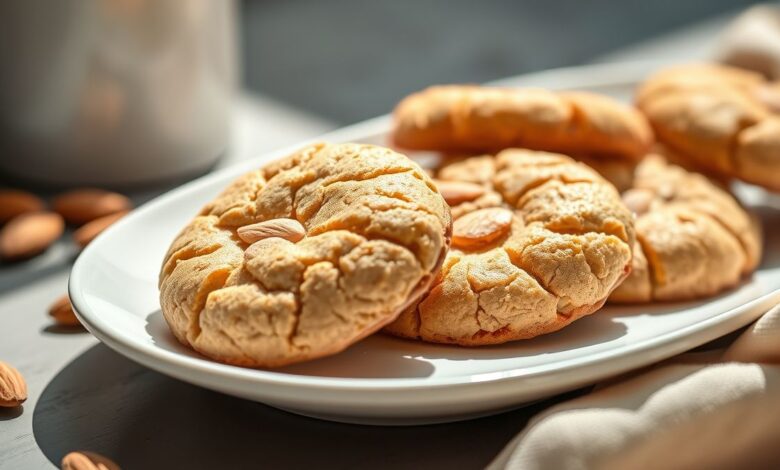 Cookies fit com amêndoas dourados, servidos em prato rústico e apetitoso
