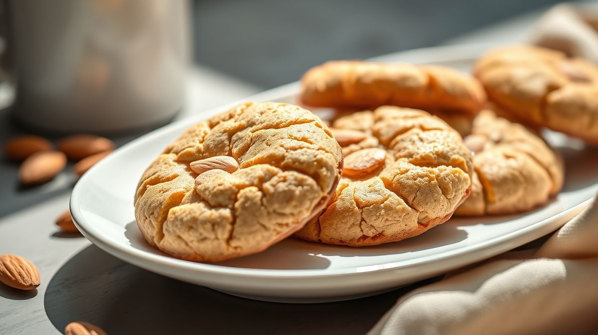 Cookies fit com amêndoas dourados, servidos em prato rústico e apetitoso