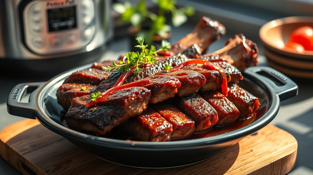Costela bovina na panela de pressão elétrica pronta, dourada e suculenta servida com molho