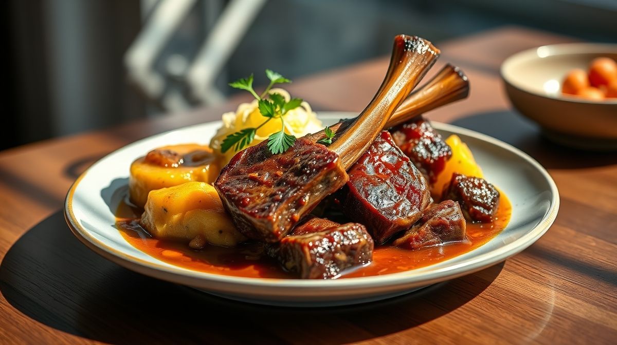 Costela ripa macia com mandioca cremosa servida em prato fundo, bem temperada e apetitosa.