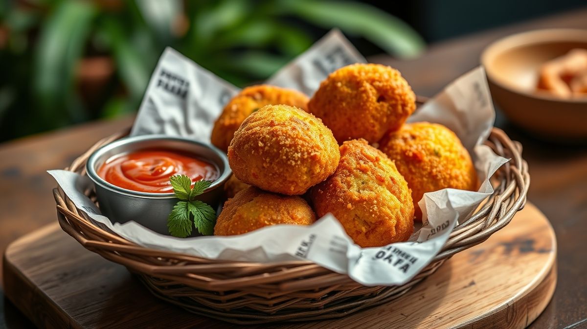 Coxinhas grandes de frango recém-fritas, douradas e crocantes, servidas em um cesto com molho.