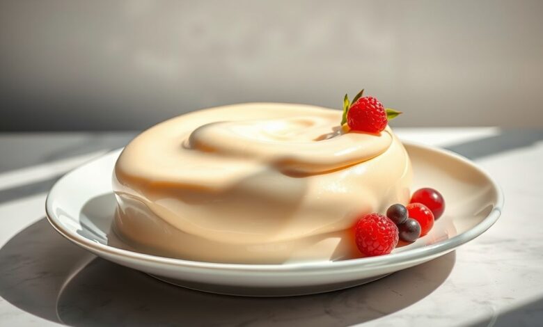 Creme de confeiteiro servido em taça elegante, cremoso e brilhante, decorado com baunilha.