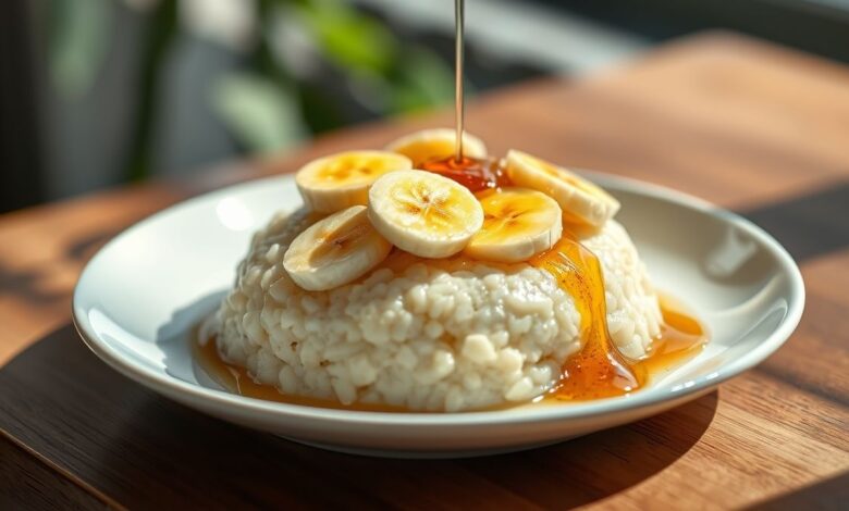 Crepioca doce fit dourada, recheada com banana e mel, apresentada em prato branco com fundo rústico