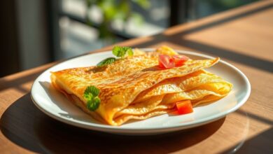 Crepioca fit dourada e recheada servida de forma apetitosa em um prato elegante