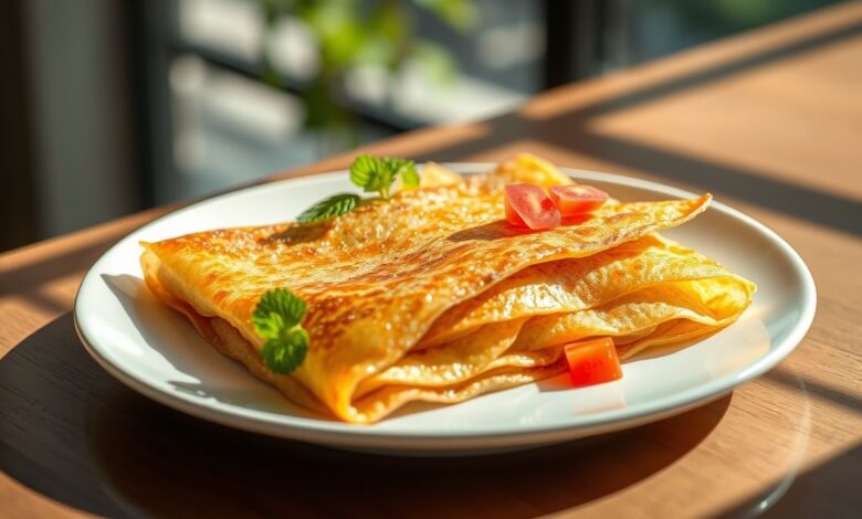 Crepioca fit dourada e recheada servida de forma apetitosa em um prato elegante