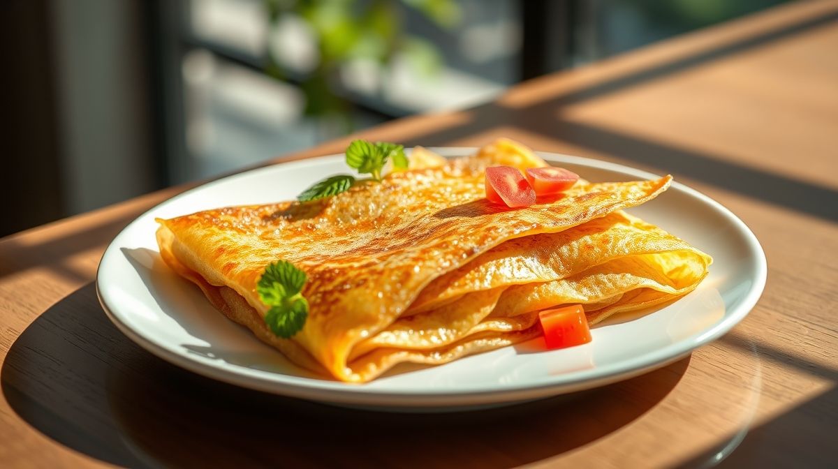 Crepioca fit dourada e recheada servida de forma apetitosa em um prato elegante