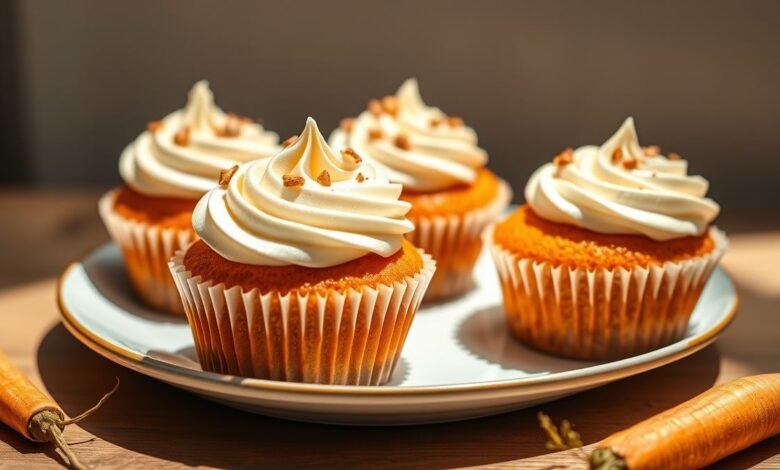 Cupcakes de cenoura sem açúcar, dourados, fofinhos e bem assados, prontos para servir em forminhas coloridas