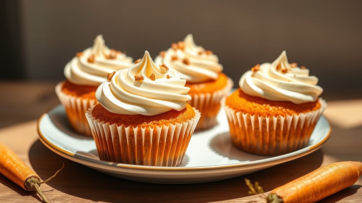 Cupcake de cenoura sem açúcar dourado e fofinho, servido com textura macia e aparência saudável