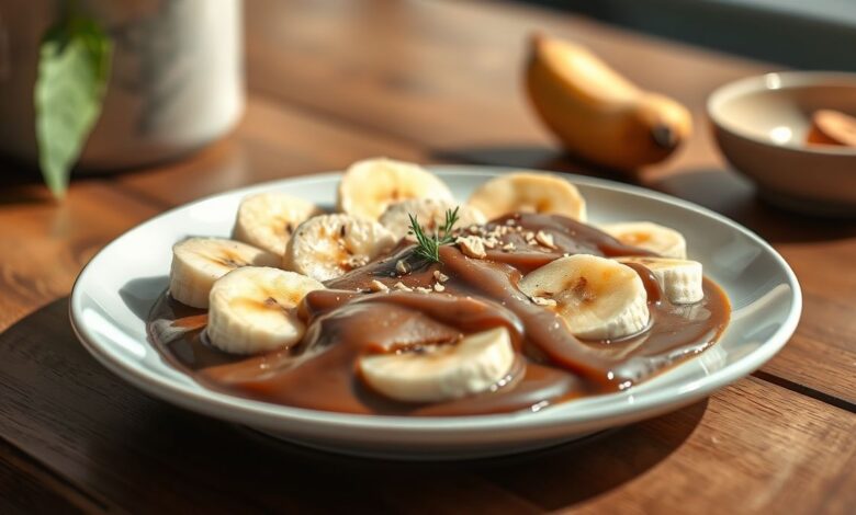Sobremesa cremosa e saudável de banana com cacau servida em taças elegantes, com textura aveludada e aparência fresca.