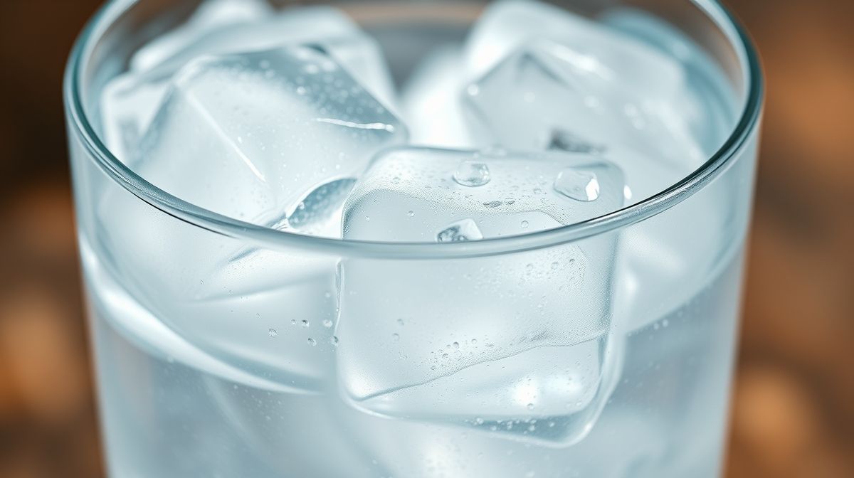 Close-up de copo com água de coco cristalina e gelo, destacando frescor e pureza.