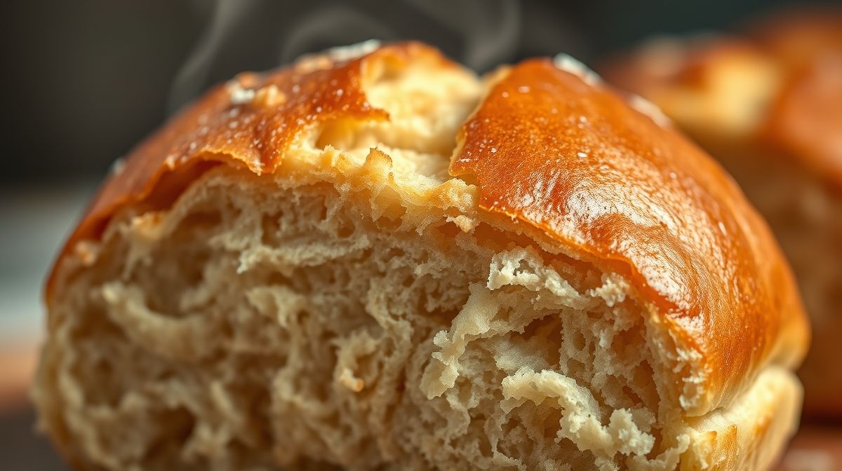 Close-up de uma broinha de trigo partida ao meio, mostrando a textura macia por dentro