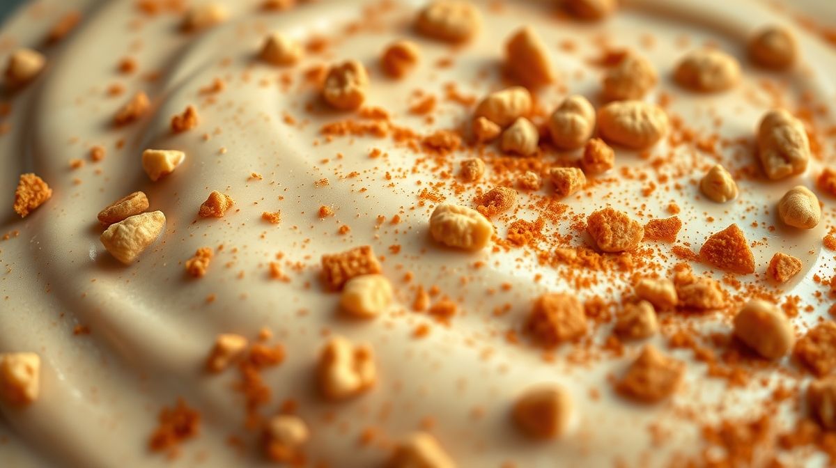 Close-up mostrando a textura cremosa da canjica fit de paçoca, com paçoca esfarelada por cima.