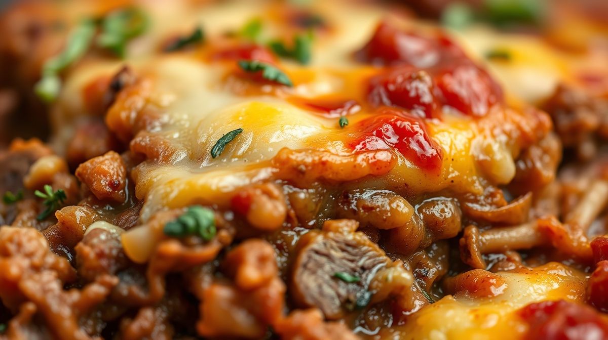 Close-up de um prato finalizado, como um escondidinho ou lasanha, feito com a carne assada que foi congelada, destacando a textura.