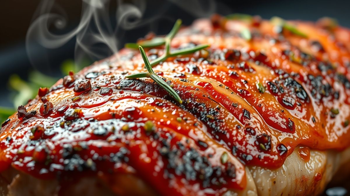 Close-up da carne de porco cozida, com textura macia e ervas frescas, mostrando suculência