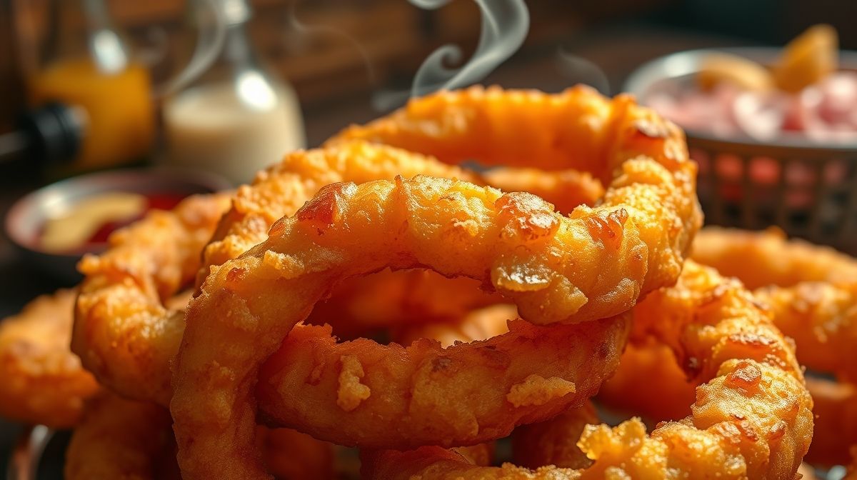 Close-up mostrando a textura crocante e dourada dos anéis de cebola prontos