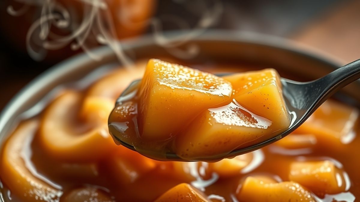 Close-up da compota de maçã servida em colher, mostrando textura cremosa.