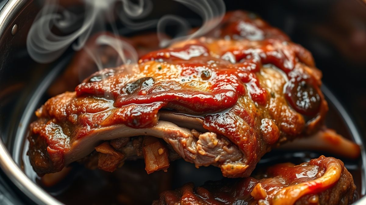 Close-up da costela bovina pronta, destacando a maciez e o molho.