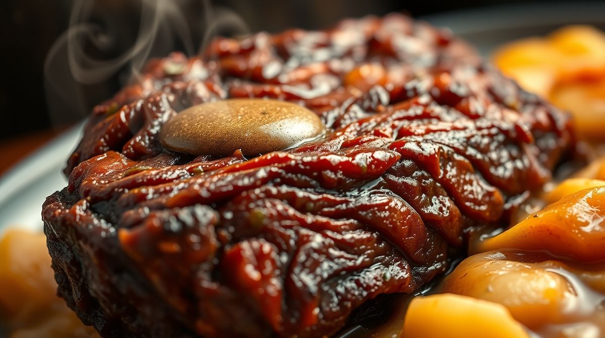 Close-up de costela desmanchando na boca com mandioca cremosa em caldo encorpado.