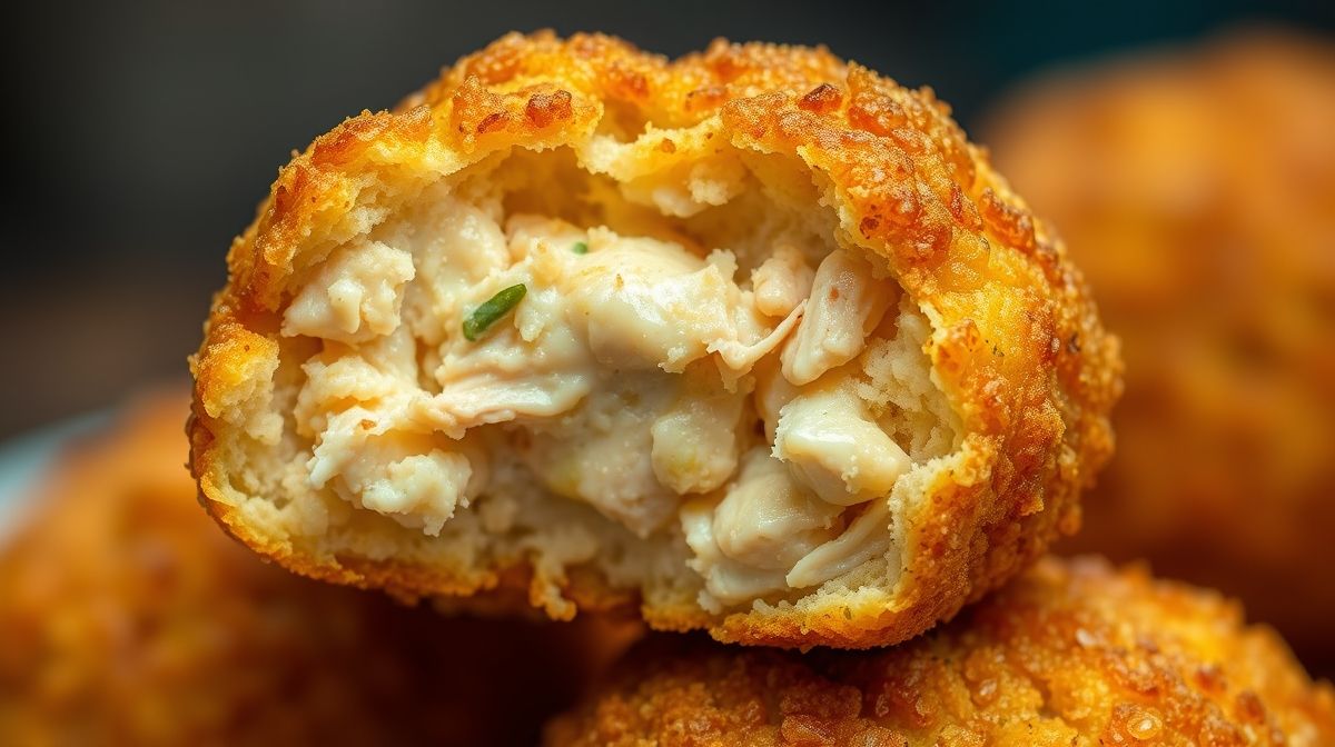 Close-up de uma coxinha grande frita, destacando a textura crocante da casquinha e o recheio cremoso.