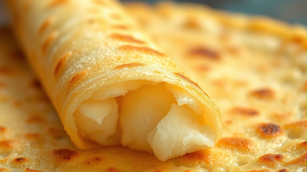 Close-up da crepioca fit pronta mostrando textura macia e superfície dourada