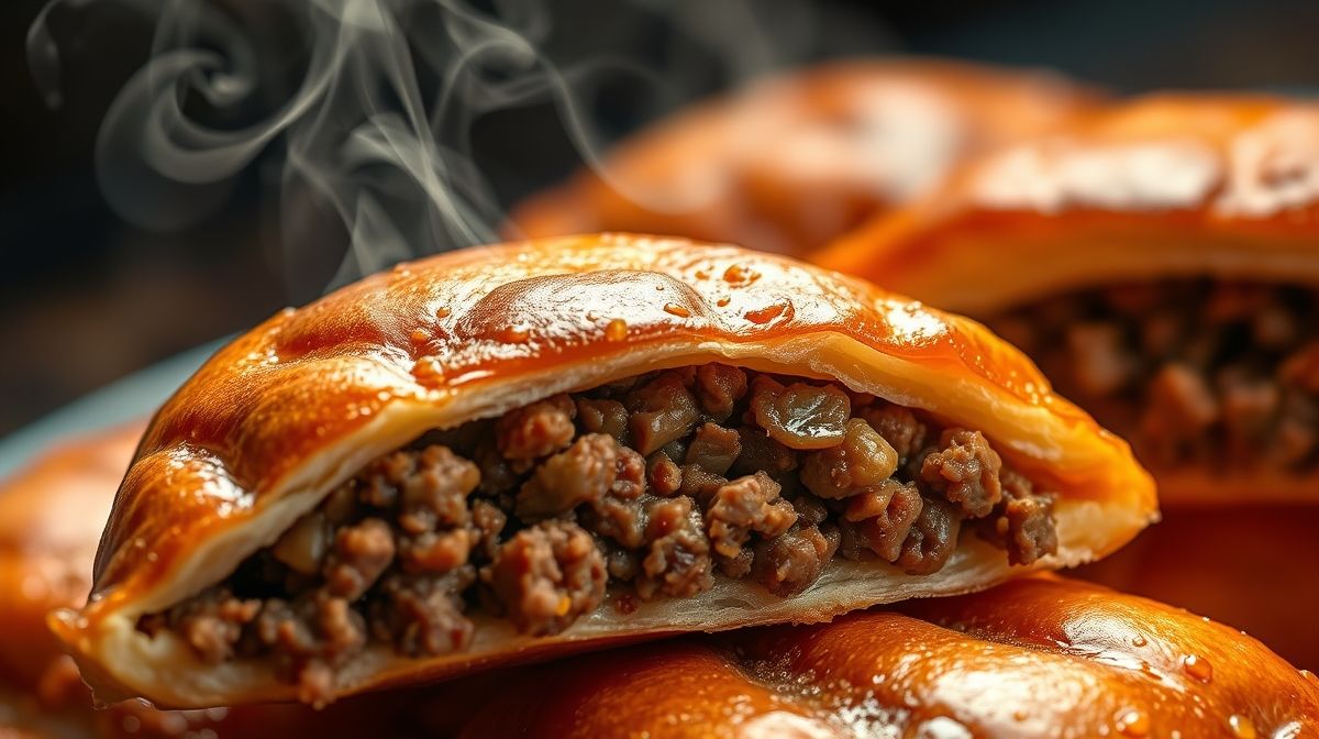 Close-up de uma esfiha aberta mostrando a textura da carne assada e suculenta.