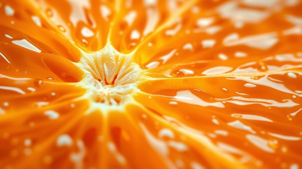 Close-up mostrando gomos brilhantes da laranja madura, destacando sua textura.