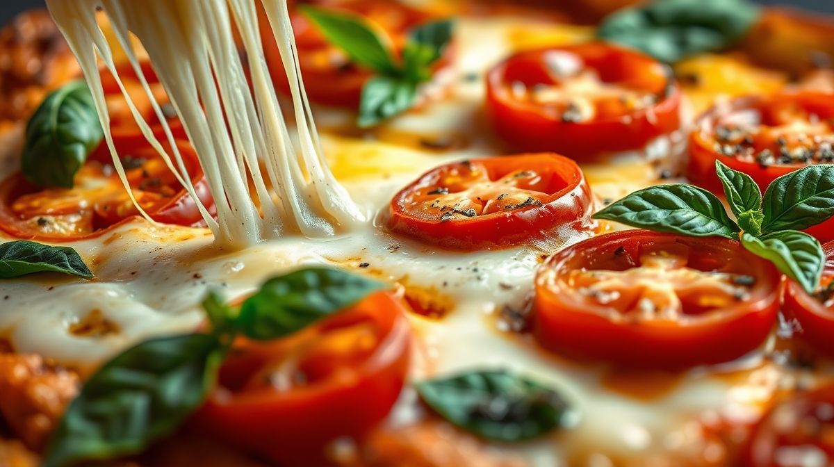 Close-up mostrando mozzarella derretida e tomates sobre a omelete dourada.
