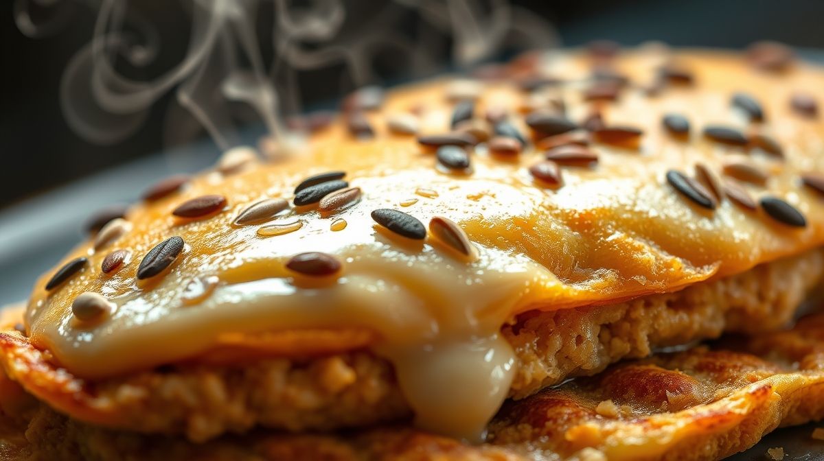 Close-up da omelete reforçada fit mostrando textura fofa, queijo derretido e sementes na superfície