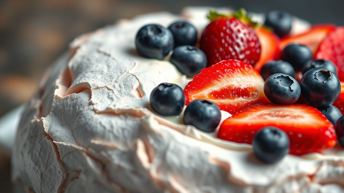 Close-up da pavlova sem açúcar crocante, mostrando sua textura e as frutas vermelhas frescas