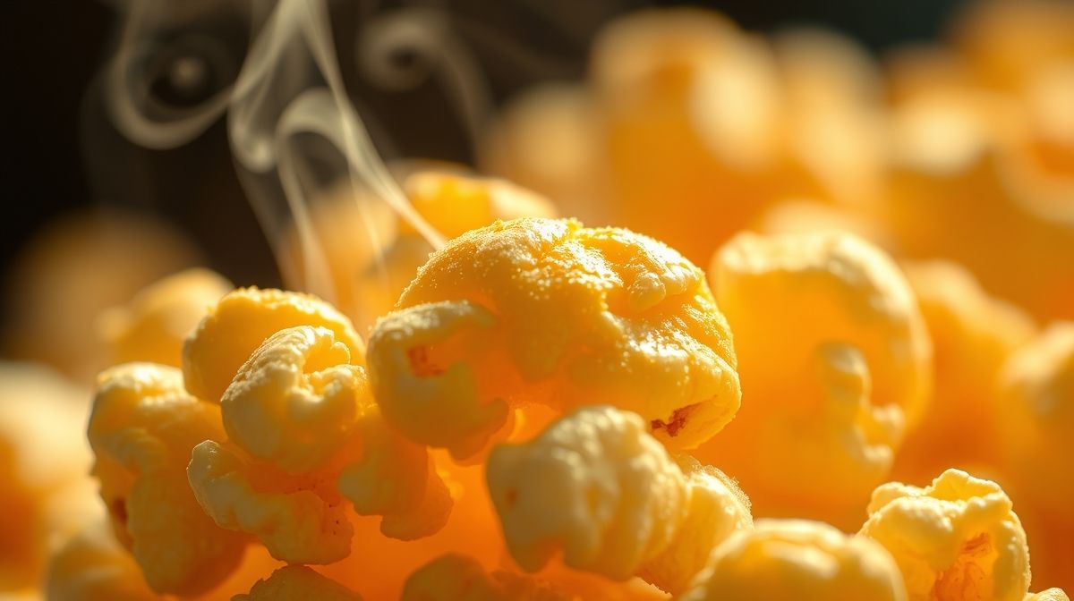 Close-up da pipoca doce fit mostrando a textura crocante e dourada.