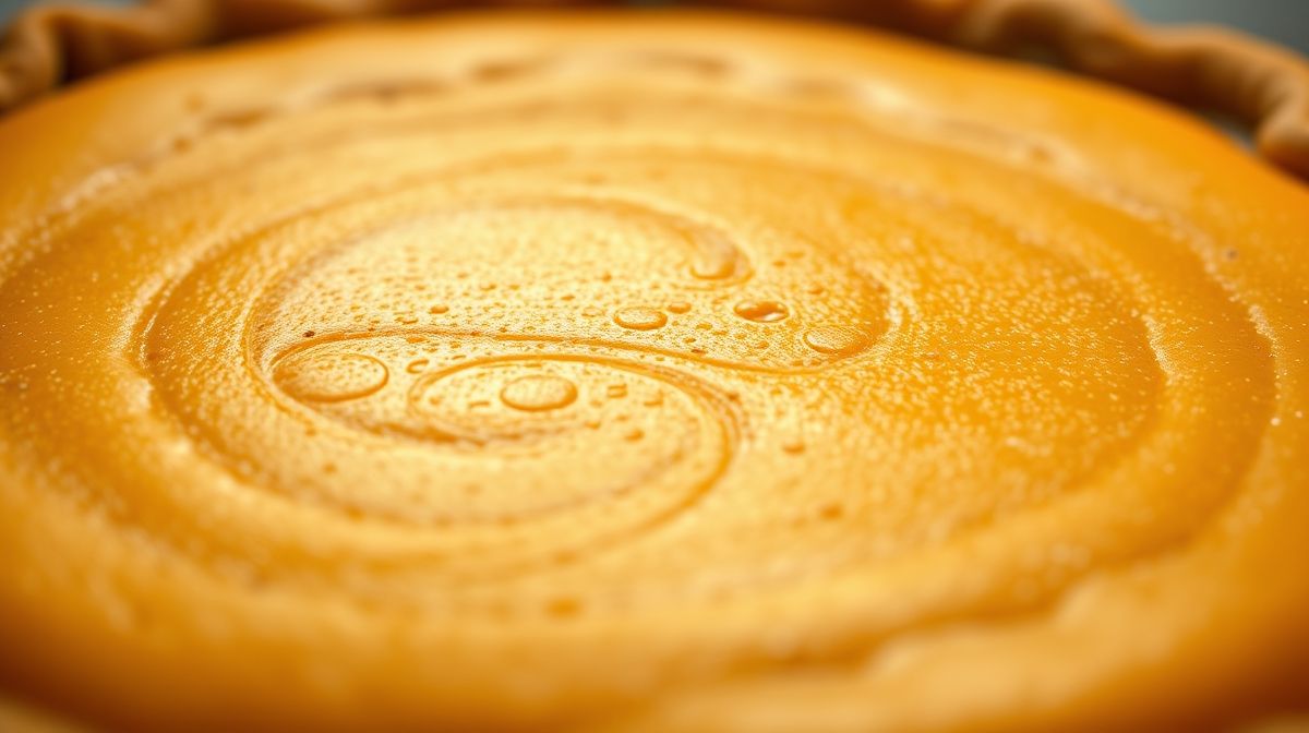 Close-up de uma fatia de torta de abóbora com textura cremosa e massa dourada.