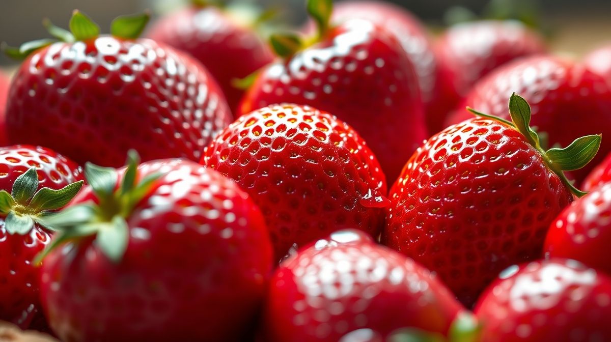 Close-up dos morangos brilhantes e do creme delicado sob eles