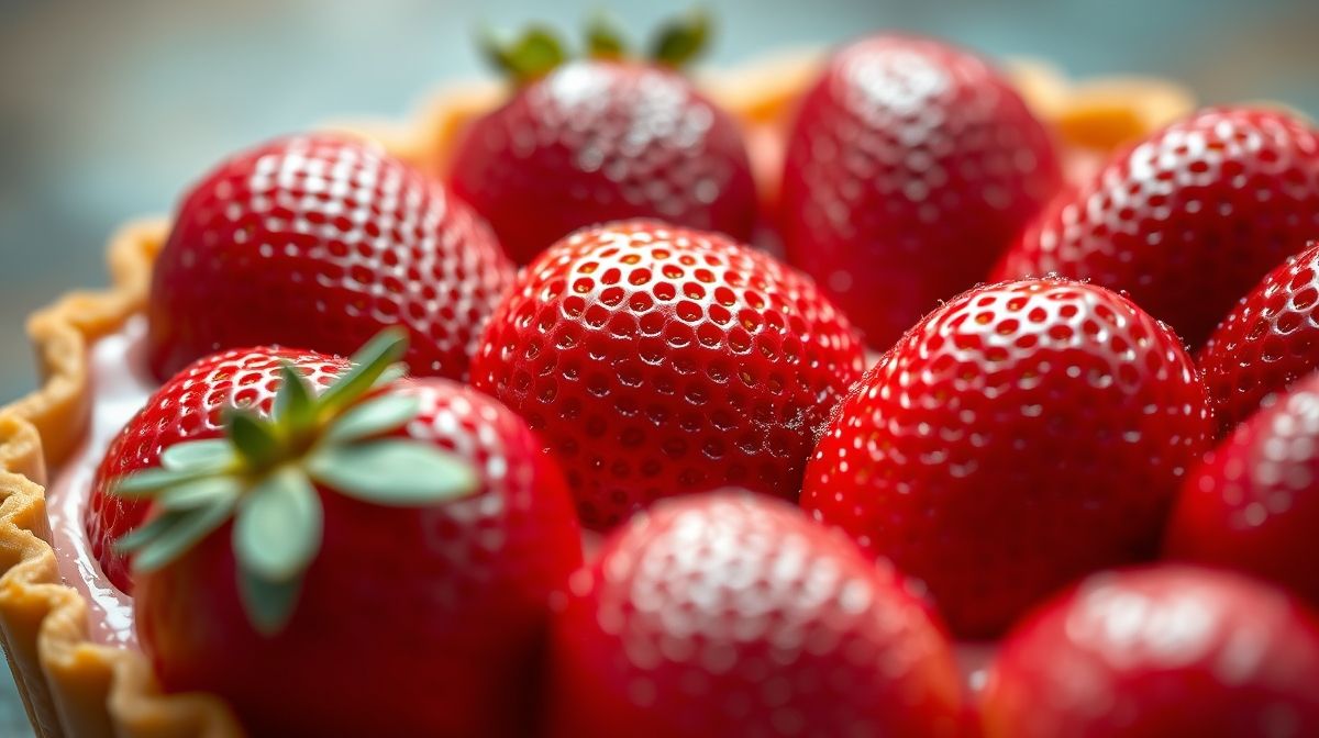Close-up da torta de morango destacando a textura cremosa e o brilho da fruta fresca.