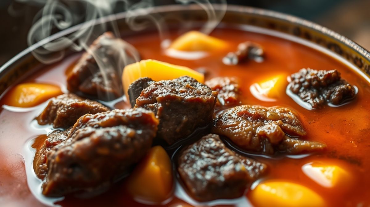 Close-up mostrando o caldo encorpado e pedaços macios de mandioca e costela.