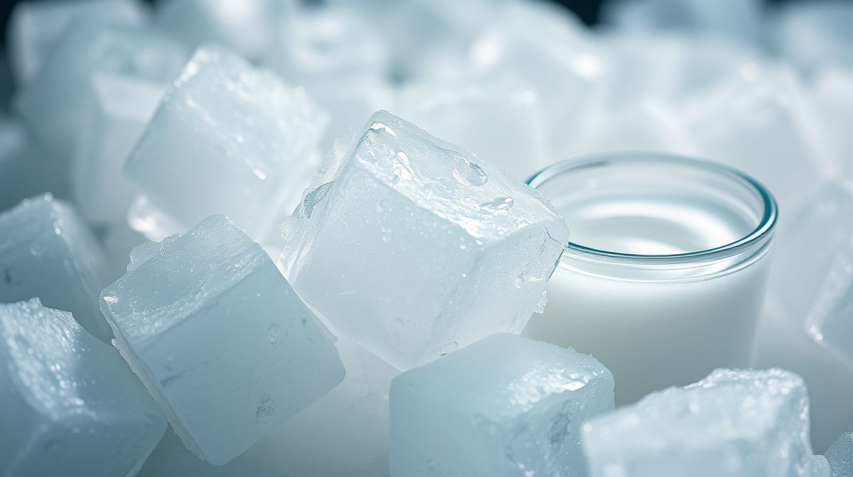 Close-up das claras de ovo congeladas em cubos e potinhos, destacando textura e praticidade